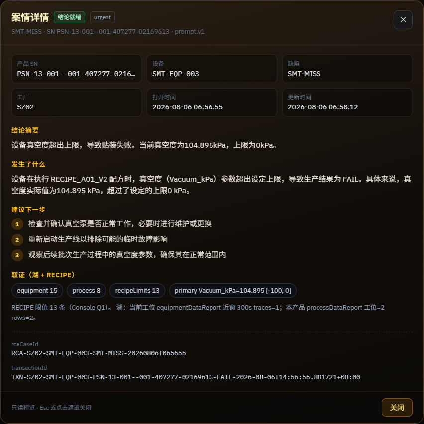 案情详情弹窗：结论摘要、发生了什么、建议下一步与取证